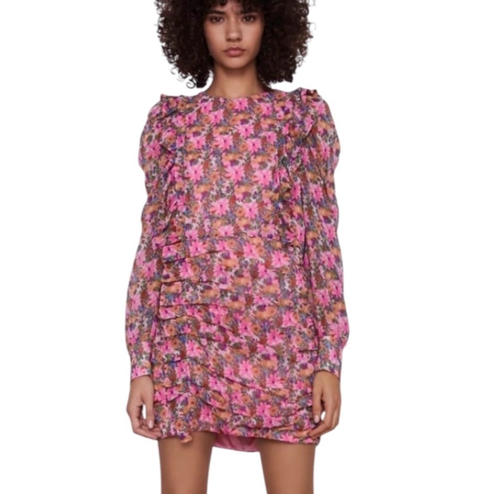 Zara Floral Ruched Ruffle Mini Dress Size S - Picture 1 of 16